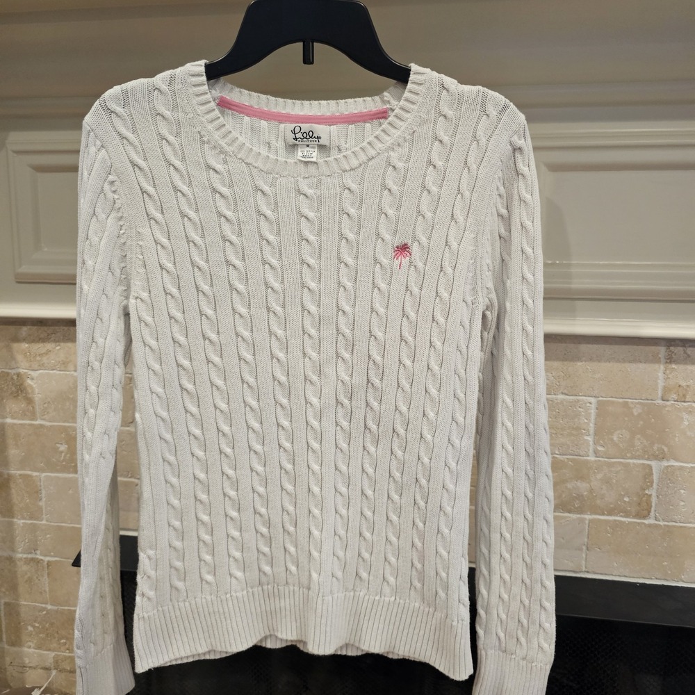 Lilly Pulitzer Sweater Cable Knit Pullover white cream Pink Palm Tree Size M